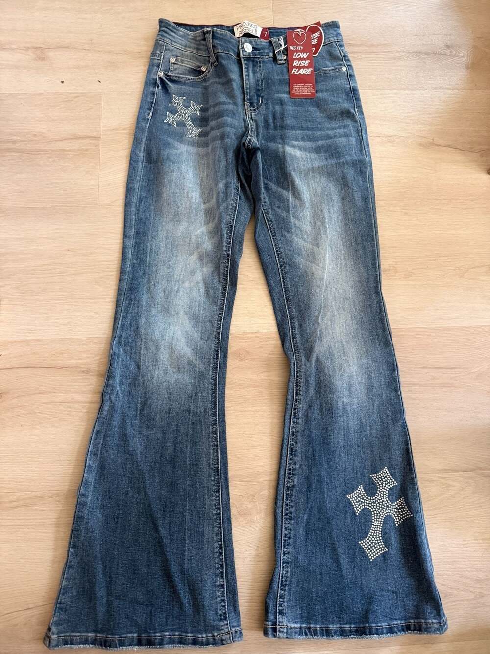 Project Rebel Low Rise Flare Rhinestone Cross Denim Jeans Size 7